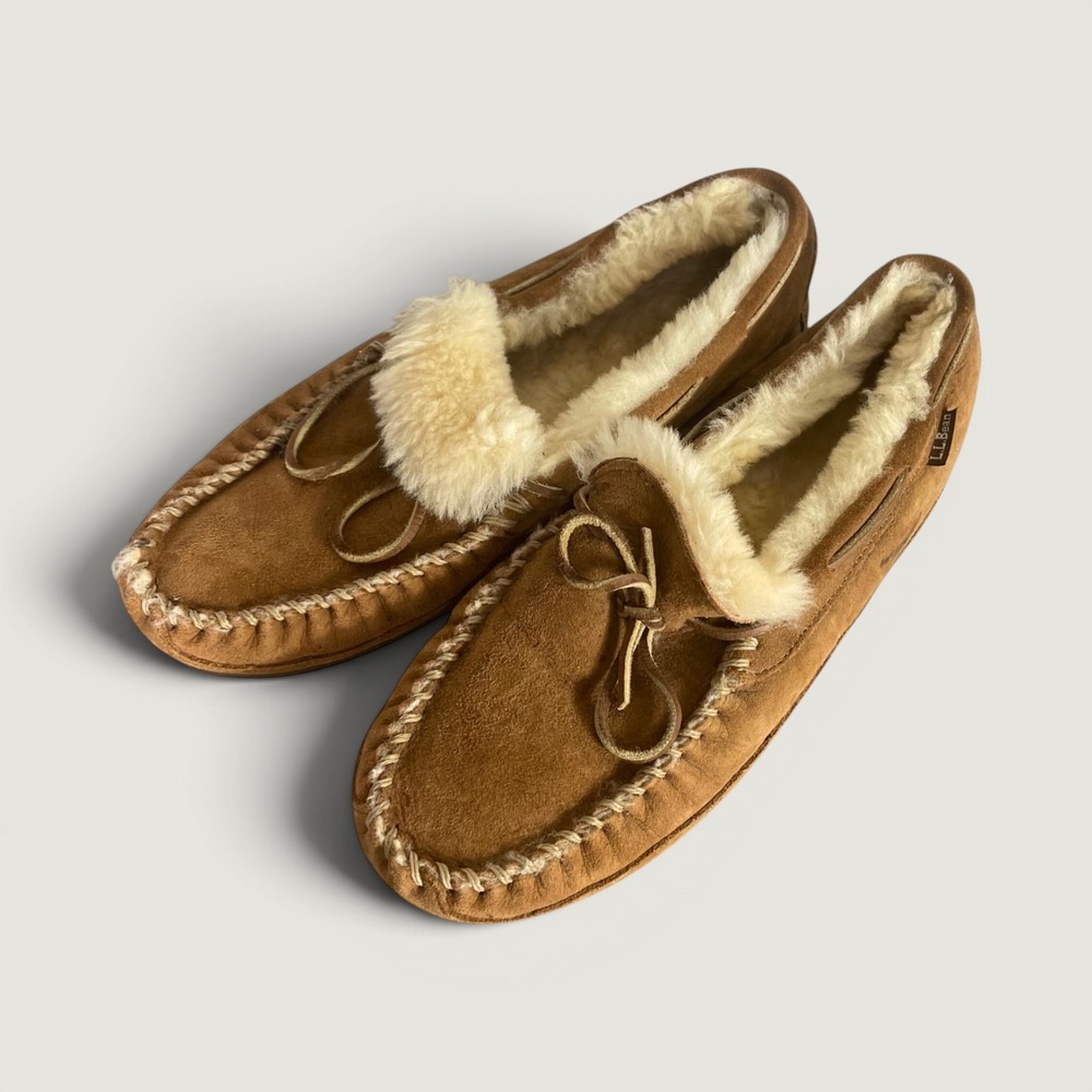 LL Bean Wicked Good Moccasin II Mens 11 Brown Suede Shearling Slippers